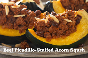 Beef Picadillo stuffed acorn squash on a plate