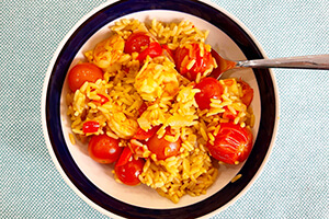 Spanish rice with shrimp in a bowl